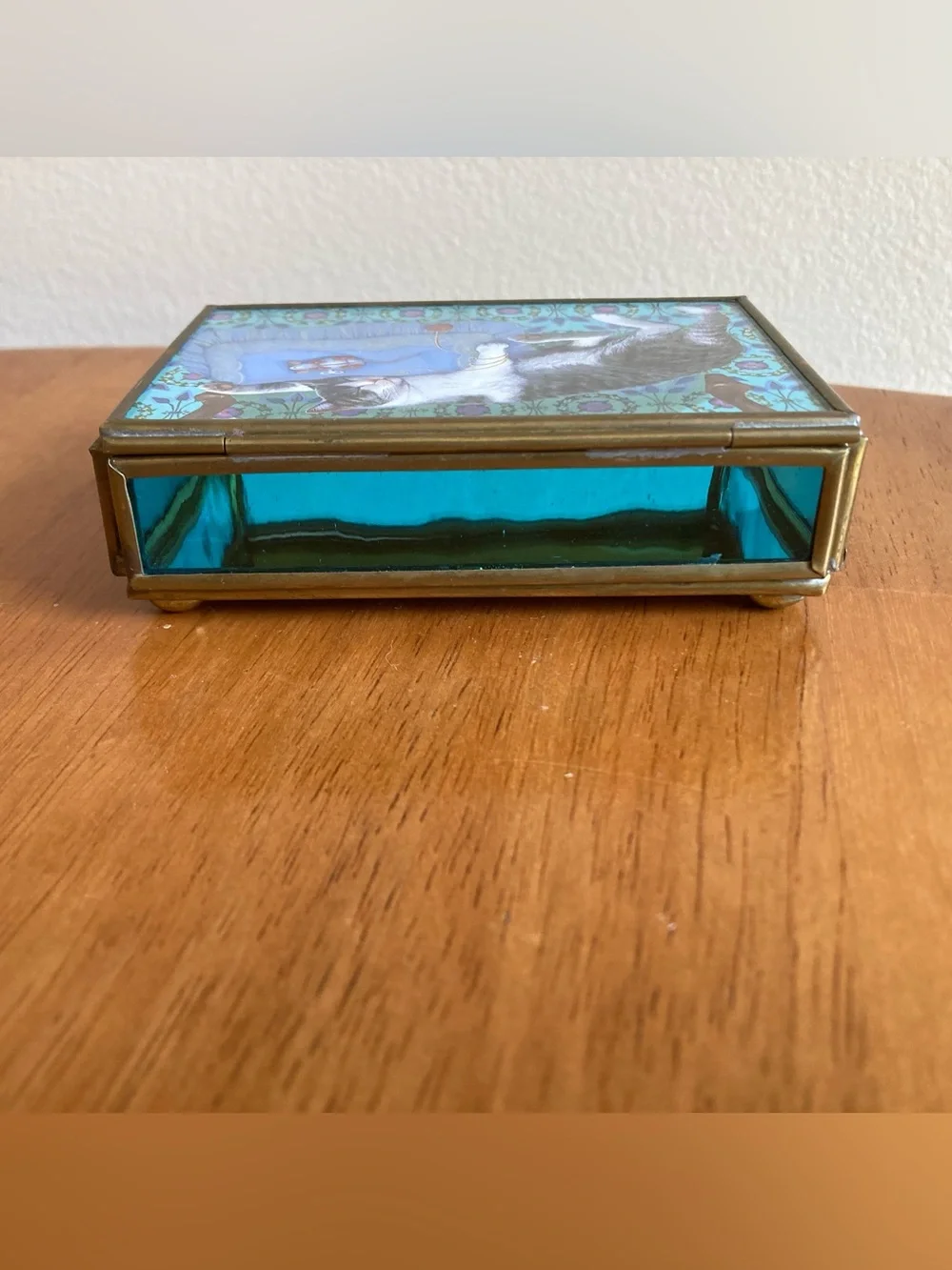 Glass jewelry box with cat illustration